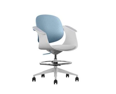 Cromad Top Work Silla/Taburete de Oficina Ergonomica - Altura Regulable hasta 0.78m - Respaldo Inclinable - Anillo Galvanizado Reposapies - Tela de Alta Calidad - Color Azul/Blanco