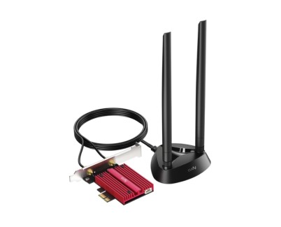 Cudy Adaptador de Red PCIe Tribanda WiFi 7 BE9300 - Bluetooth 5.4 - Disipador Termico - Base de Antena Magnetizada - Color Negro/Rojo
