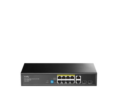 Cudy Switch 12 Puertos - Capacidad Conmutacion 24Gbps - 8x RJ45 PoE+ - 2x RJ45 GbE - 2x Gigabit SFP - Reinicio Automatico - Indicadores LED - 256x170x44mm - Color Negro