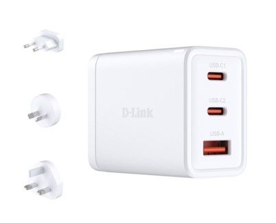 D-Link Cargador de Pared GaN de 65W - 2 USB-C y 1 USB-A - Conectores Intercambiables - Color Blanco