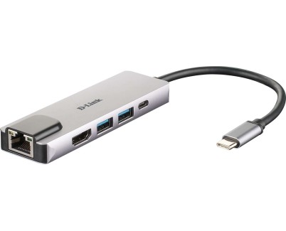 D-Link Hub USB?C 5 en 1 2 Puertos USB 3.0 + 1 HDMI + 1 RJ45 - Plug & Play