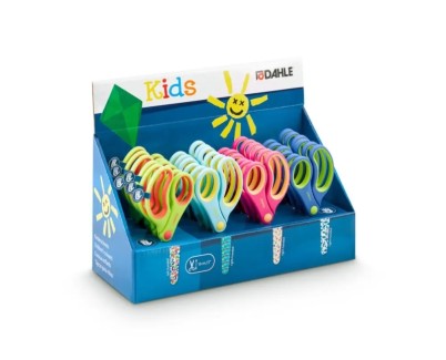 Dahle 54683 Kids Expositor de 24 Tijeras Infantiles 13cm - Puntas Redondeadas - Acero Inoxidable - Mangos Ergonomicos Recubiertos de Goma - Colores Surtidos