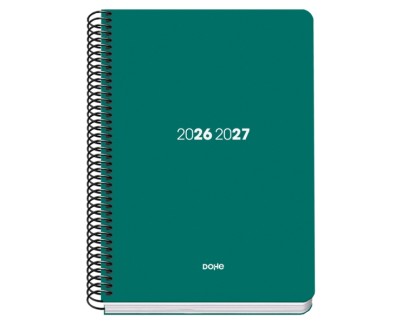 Dohe Basic Element Agenda Escolar 26/27 - Formato A5 - Dia Pagina - Papel Offset Ahuesado 70g - Cubierta de Carton Plastificado - Espiral Metalica - Goma - 15x21x4cm - Color Verde