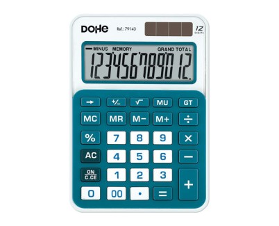 Dohe Calculadora de Sobremesa Mediana 12 Digitos - Teclas de Gran Formato - 4 Teclas de Memoria - Apagado Automatico - Alimentacion Solar y Pilas - Color Blanco/Azul