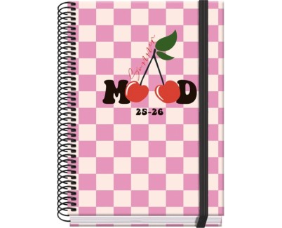 Dohe Cherry Agenda Escolar 25/26 Espiral A5 - Dia Pagina - Papel 70g/m2 - 4 Hojas de Pegatinas - Cubierta de Carton Plastificado - Cierre con Goma Elastica