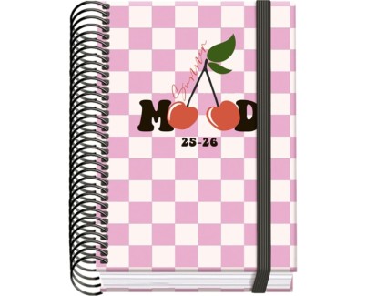 Dohe Cherry Agenda Escolar 25/26 Espiral A6 - Dia Pagina - Papel 70g/m2 - 4 Hojas de Pegatinas - Cubierta de Carton Plastificado - Cierre con Goma Elastica