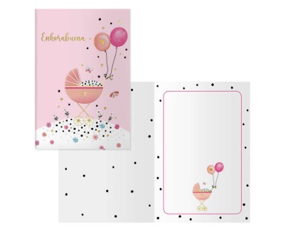Dohe Cochecito Pack de 6 Tarjetas de Felicitacion para Nacimientos - 11.5x17cm - Impresas a Todo Color - Estampaciones con Pelicula de Color - Estampacion en Seco - Papel Offset Blanco de 300gr - Incluye Sobre de Color