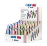 Dohe Colour Vibes Expositor con 24 Cintas Correctoras - 5mm x 6m - Pulsador Retractil - Recargable - Cuerpo Ergonomico - Colores Surtidos