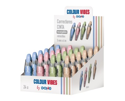 Dohe Colour Vibes Expositor con 24 Recambios de Cinta Correctora - 5mm x 6m - Retractil - Colores Surtidos