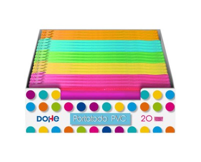 Dohe Expositor con 20 Portatodos Simples Planos - Fabricados en PVC de 280 Micras Transparente - Cierre de Cremallera - Colores Surtidos