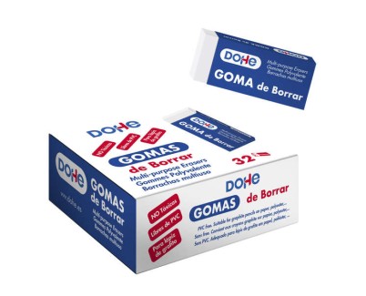 Dohe Expositor con 32 Gomas de Borrar Libres de PVC 59x23x10mm - Borrado Suave y Eficaz - Para todo tipo de Lapices - Color Blanco