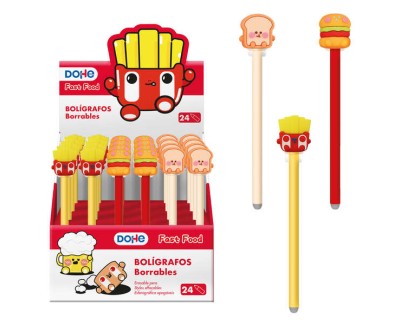 Dohe Expositor de 24 Boligrafos Borrables - Punta Bola Metalica 1mm - Trazo 0.5mm - Capuchon Decorado con Motivos de Alimentos - Tinta Azul