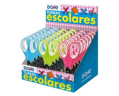 Dohe Expositor de 24 Tijeras Escolares de 125mm - Hojas de Acero Inoxidable - Puntas Redondeadas - Mango Ergonomico de Plastico y Caucho - Colores Surtidos