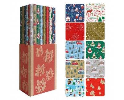 Dohe Navidad Expositor de 50 Rollos de Papel Regalo - 10 Dise&ntilde;os Diferentes - 5 Rollos por Dise&ntilde;o - Medidas del Rollo 0.70x2m