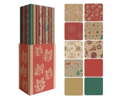 Dohe Navidad Kraft Expositor de 50 Rollos de Papel Regalo - 10 Dise&ntilde;os Diferentes - 5 Rollos por Dise&ntilde;o - Medidas del Rollo 0.70x2m