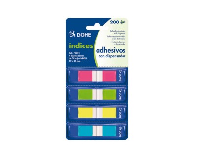 Dohe Pack de 4 Mini-Indices Adhesivos Reposicionables de 50uds cada Uno - Medidas 12x45mm - Dispensador con 4 Colores - Ideal para Oficina y Escuela - Colores Surtidos