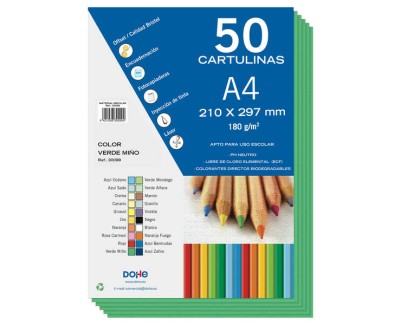 Dohe Pack de 50 Cartulinas A4 de 180g/m2 - PH Neutro - Libres de Cloro Elemental - Colorantes Biodegradables - Color Verde Mi&ntilde;o