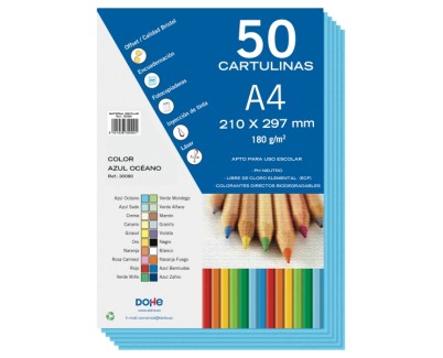 Dohe Pack de 50 Cartulinas A4 de 180gr - Con PH Neutro - Libres de Cloro Elemental - Color Azul Oceano