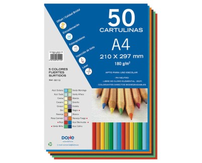 Dohe Pack de 50 Cartulinas A4 de 180gr - Con PH Neutro - Libres de Cloro Elemental - Colores Intensos Surtidos