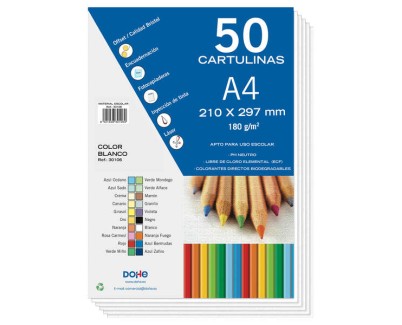 Dohe Pack de 50 Cartulinas de 180 g/m2 - Tama&ntilde;o A4 - PH Neutro - Libres de Cloro Elemental - Color Blanco