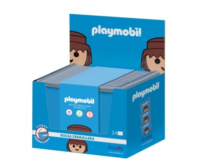 Dohe Playmobil Expositor con 24 Bolsas Fabricadas en EVA Traslucido de 400 micras - Formato Apaisado - Cierre de Cremallera - Color Azul