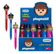 Dohe Playmobil Expositor con 24 Lapices Infinitos - Grip de Caucho - Se Borra Facilmente - Decorados Playmobil Policia, Bombero y Princesa.