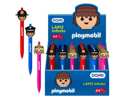 Dohe Playmobil Expositor con 24 Lapices Infinitos - Grip de Caucho - Se Borra Facilmente - Decorados Playmobil Policia, Bombero y Princesa.