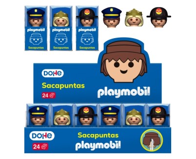 Dohe Playmobil Expositor con 24 Sacapuntas de 1 Orificio y Cuchilla de Acero - Decorados Playmobil Policia, Bombero y Princesa