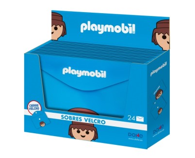 Dohe Playmobil Expositor con 24 Sobres Portadocumentos Folio - Cierre de Velcro - Polipropileno Opaco 200 Micras - Color Azul