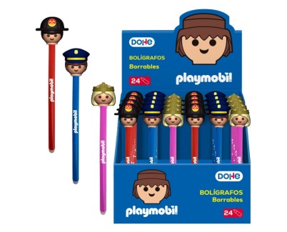 Dohe Playmobil Expositor de 24 Boligrafos Borrables - Punta 1mm, Trazo 0.5mm - Decorados Playmobil Policia, Bombero y Princesa- Tinta Azul