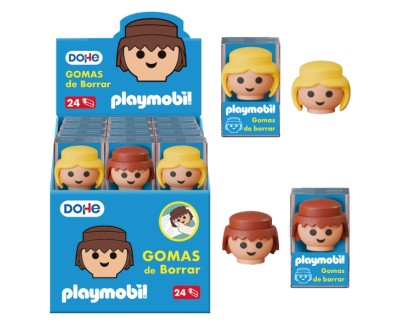 Dohe Playmobil Expositor de 24 Gomas de Borrar - Fabricadas en PVC - Con Forma de los Muñecos Playmobil