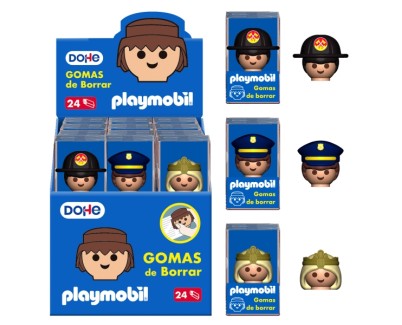 Dohe Playmobil Expositor de 24 Gomas de Borrar - Fabricadas en PVC - Decoradas Playmobil Policia, Bombero y Princesa