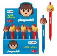 Dohe Playmobil Expositor de 24 Lapices Infinitos - Grip de Caucho - Se Borra Facilmente - Decorados con Motivos de los Muñecos Playmobil
