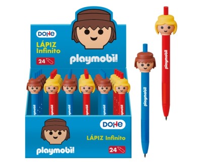 Dohe Playmobil Expositor de 24 Lapices Infinitos - Grip de Caucho - Se Borra Facilmente - Decorados con Motivos de los Muñecos Playmobil