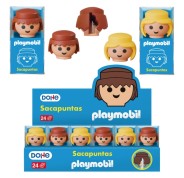 Dohe Playmobil Expositor de 24 Sacapuntas - 1 Orificio y Cuchilla de Acero - Con Forma de los Muñecos Playmobil