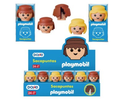 Dohe Playmobil Expositor de 24 Sacapuntas - 1 Orificio y Cuchilla de Acero - Con Forma de los Muñecos Playmobil