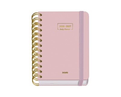 Dohe Premium Agenda Escolar 26/27 - Formato A6 - Dia Pagina - Papel Offset Ahuesado 80g - Cubierta de Carton Plastificado - Espiral Metalica Doble - Goma - 12x17x3cm - Color Rosa