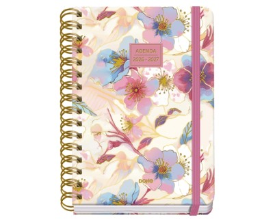 Dohe Premium Magnolia Agenda Escolar 26/27 - Formato A5 - Semana Vista - Papel Offset Ahuesado 80g - Cubierta de Carton Plastificado - Espiral Metalica Doble - Goma - 15x21x2cm - Multicolor