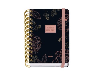Dohe Premium Noir Agenda Escolar 26/27 - Formato A6 - Dia Pagina - Papel Offset Ahuesado 80g - Cubierta de Carton Plastificado - Espiral Metalica Doble - Goma - 12x17x3cm - Color Negro