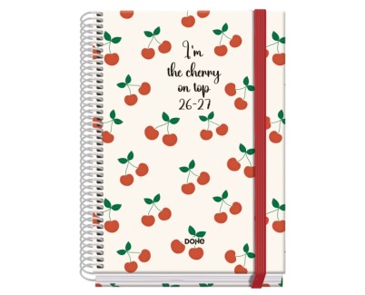 Dohe Prime Cerezas Agenda Escolar 26/27 - Formato A5 - Dia Pagina - Papel Offset Ahuesado 70g - Cubierta de Carton Plastificado - Espiral - Goma - 15x21x4cm - Multicolor