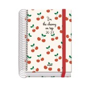 Dohe Prime Cerezas Agenda Escolar 26/27 - Formato A6 - Dia Pagina - Papel Offset Ahuesado 70g - Cubierta de Carton Plastificado - Espiral - Goma - 12x17x3cm - Multicolor