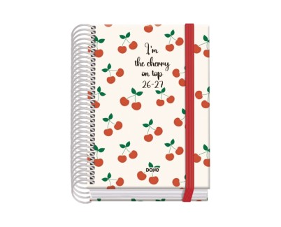 Dohe Prime Cerezas Agenda Escolar 26/27 - Formato A6 - Dia Pagina - Papel Offset Ahuesado 70g - Cubierta de Carton Plastificado - Espiral - Goma - 12x17x3cm - Multicolor