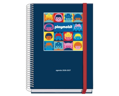 Dohe Prime Playmobil Agenda Escolar 26/27 - Formato A5 - Semana Vista - Papel Offset Ahuesado 70g - Cubierta de Carton Plastificado - Espiral - Goma - 15x21x2cm - Color Azul Marino