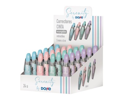 Dohe Serenity Expositor con 24 Cintas Correctoras - 5mm x 6m - Pulsador Retractil - Recargable - Cuerpo Ergonomico - Colores Surtidos