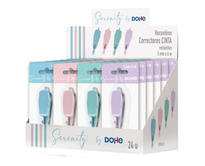 Dohe Serenity Expositor con 24 Recambios de Cinta Correctora - 5mm x 6m - Retractil - Colores Surtidos