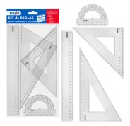 Dohe Set de Reglas - Regla, Escuadra, Cartabon y Transportador - Plastico Inyectado Transparente Cristal - Cantos Biselados y con Reborde