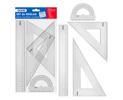 Dohe Set de Reglas - Regla, Escuadra, Cartabon y Transportador - Plastico Inyectado Transparente Cristal - Cantos Biselados y con Reborde
