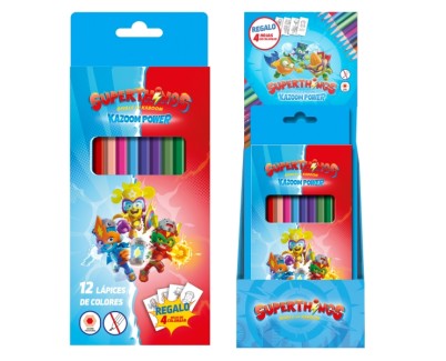 Dohe Superthings Expositor con 12 Cajas de 12 Lapices de Colores - Forma Hexagonal - Mina de 2.8mm - Plantillas para Colorear Incluidas - Madera Roja - Colores Surtidos