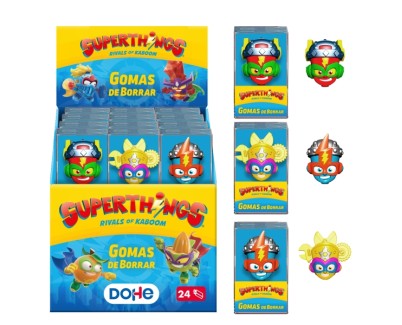 Dohe Superthings Expositor con 24 Gomas de Borrar - Fabricadas en PVC - Resistente - Formas Surtidas