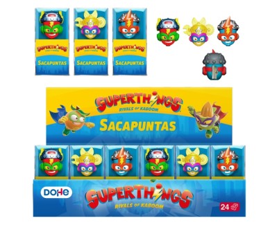 Dohe Superthings Expositor con 24 Sacapuntas - PVC - Cuchilla de Acero - Formas Surtidas